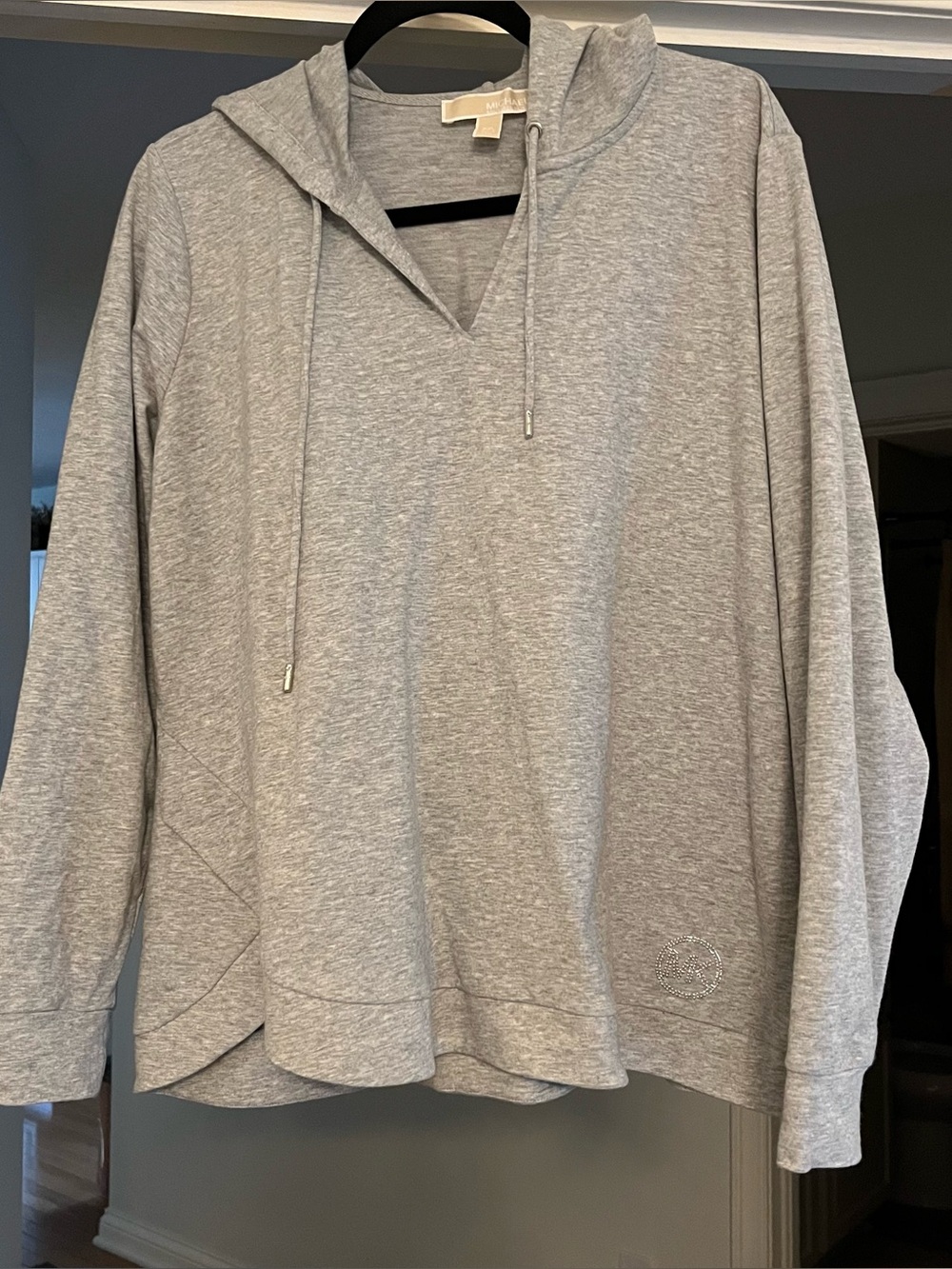 Michael Kors Light Gray Hooded V-Neck Pullover Sweatshirt MK emblem